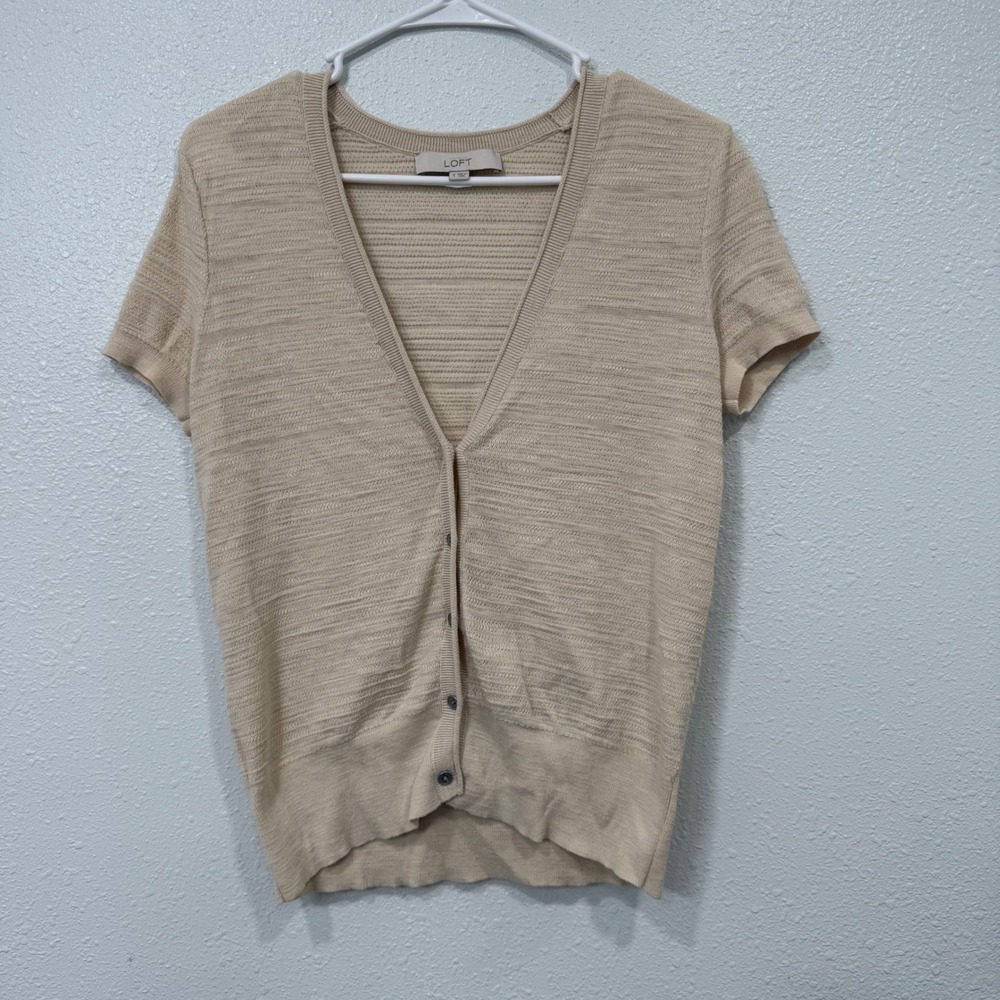 LOFT Womens Beige Textured Knit Short Sleeve Button Front Cardigan Sweater S